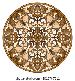 Illustration in stained glass style, round mirror image with floral ornaments and swirls,brown tone ,sepia 