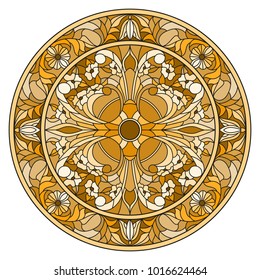 Illustration in stained glass style, round mirror image with floral ornaments and swirls,brown tone ,sepia 