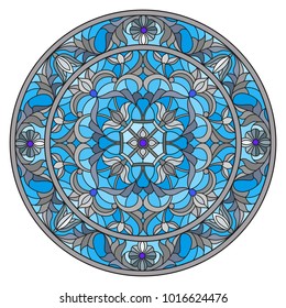 Illustration in stained glass style, round mirror image with floral ornaments and swirls