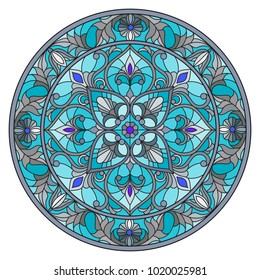 Illustration in stained glass style, round mirror image with floral ornaments and swirls