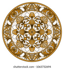 Illustration in stained glass style, round mirror image with floral ornaments and swirls,brown tone ,sepia 