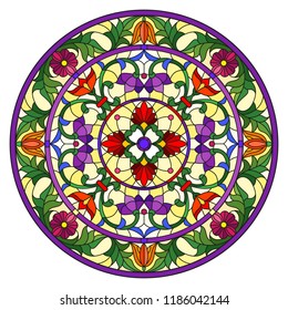 Illustration in stained glass style, round mirror image with floral ornaments and swirls,bright flowers on yellow background