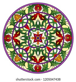 Illustration in stained glass style, round mirror image with floral ornaments and swirls,bright flowers on yellow background