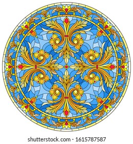 Illustration in stained glass style, round mirror image with floral ornaments and swirls