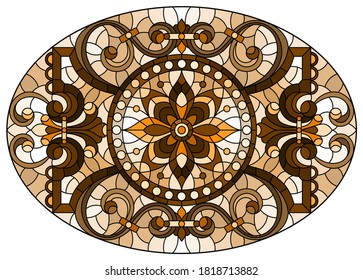 Illustration in stained glass style, round mirror image with floral ornaments and swirls,brown tone ,sepia, oval image