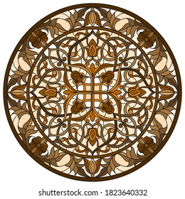 Illustration in stained glass style, round mirror image with floral ornaments and swirls,brown tone ,sepia 