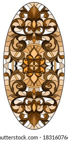 Illustration in stained glass style, round mirror image with floral ornaments and swirls,brown tone ,sepia, oval image