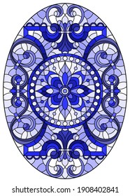 Illustration in stained glass style, round mirror image with floral ornaments and swirls, tone blue , oval image