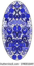 Illustration in stained glass style, round mirror image with floral ornaments and swirls,tone blue, oval image