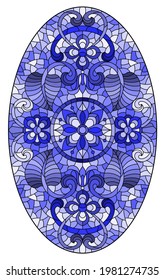 Illustration in stained glass style, round mirror image with floral ornaments and swirls,tone blue, oval image