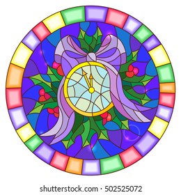 Illustration in stained glass style with round clock showing midnight, Holly branches and bow on blue background, round picture frame