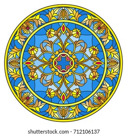 Illustration in stained glass style, round mirror image with floral ornaments and swirls