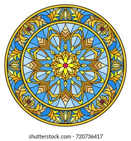 Illustration in stained glass style, round mirror image with floral ornaments and swirls