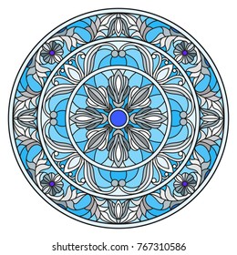 Illustration in stained glass style, round mirror image with floral ornaments and swirls