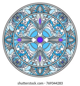 Illustration in stained glass style, round mirror image with floral ornaments and swirls