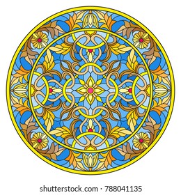 Illustration in stained glass style, round mirror image with floral ornaments and swirls