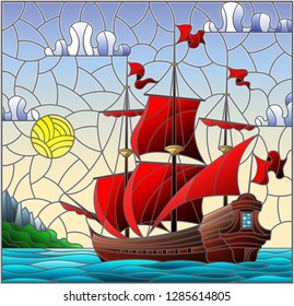 Illustration in stained glass style with sailboats with red sails against the sky, the sea and the sunrise