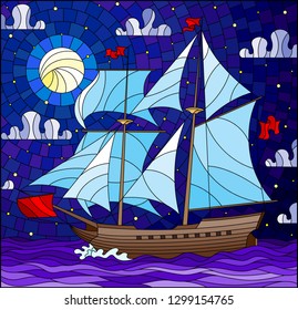 Illustration in stained glass style with sailboats with hite sails against the starry sky, the sea and the moon