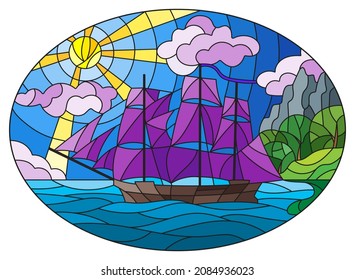 Illustration in stained glass style with sailboats with purple sails against the sky, the sea and the sunrise