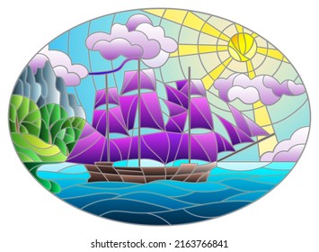 Illustration in stained glass style with sailboats with purple sails against the sky, the sea and the sunrise