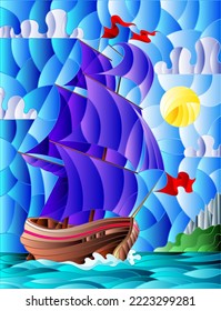 Illustration in stained glass style with sailboats with purple sails against the sky, the sea and the sunrise