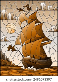 Illustration in stained glass style with sailboats with sails against the sky, the sea and the sunrise, tone brown