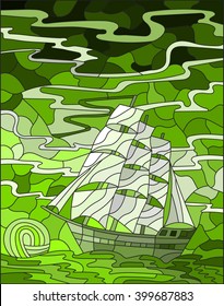 Illustration in stained glass style with sailboats against the sky, the sea and the sunrise, green gamma