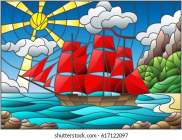 Illustration in stained glass style with sailboats with red sails against the sky, the sea and the sunrise