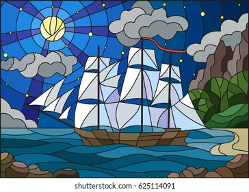 Illustration in stained glass style with sailboats against the starry sky, the sea and the moon