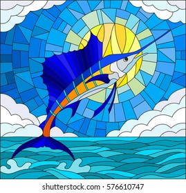 Illustration in stained glass style with a sailfish on the background of water ,cloud, sky and sun