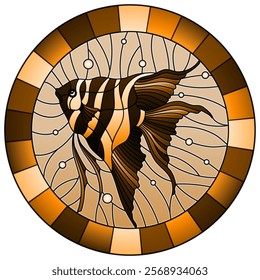 Illustration in stained glass style with scalar fish on the background of water and air bubbles, tone brown