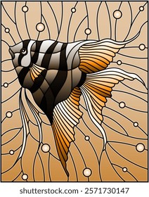 Illustration in stained glass style with scalar fish on the background of water and air bubbles, tone brown