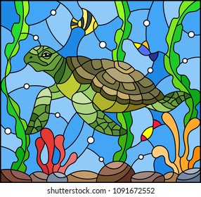 Illustration in stained glass style with sea turtle on the seabed background with algae, fish and stones