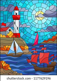 Illustration in stained glass style with sea view, three ships and a shore with a lighthouse in the background of day cloud sky sun and sea