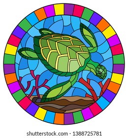 Illustration in stained glass style with sea turtle on the seabed background with algae, fish and stones, oval image in bright frame