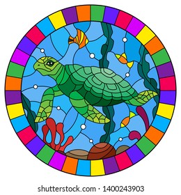 Illustration in stained glass style with sea turtle on the seabed background with algae, fish and stones, oval image in bright frame