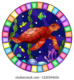 Illustration in stained glass style with sea turtle on the seabed background with algae, fish and stones, oval image in bright frame