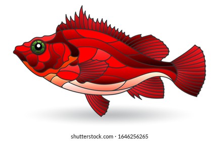 Illustration in stained glass style with sea bass, isolated on a white background