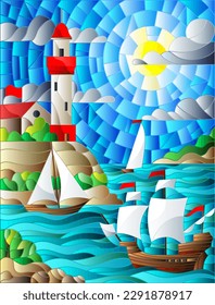 Illustration in stained glass style with sea view, three ships and a shore with a lighthouse in the background of day cloud sky sun and sea