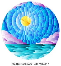 Illustration in stained glass style with sea landscape, sea, cloud, sky and sun, round image