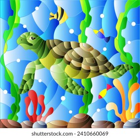 Illustration in stained glass style with sea turtle on the seabed background with algae, fish and stones