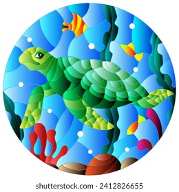 Illustration in stained glass style with sea turtle on the seabed background with algae, fish and stones, oval image 