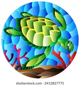 Illustration in stained glass style with sea turtle on the seabed background with algae, fish and stones, oval image