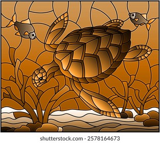 Illustration in stained glass style with sea turtle on the seabed background with algae, fish and stones, tone brown