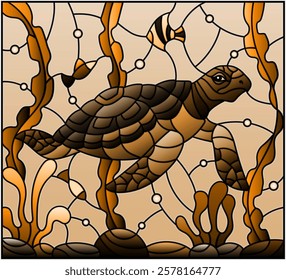 Illustration in stained glass style with sea turtle on the seabed background with algae, fish and stones, tone brown