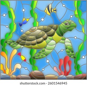 Illustration in stained glass style with sea turtle on the seabed background with algae, fish and stones