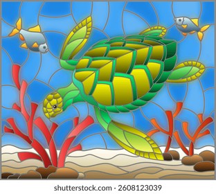 Illustration in stained glass style with sea turtle on the seabed background with algae, fish and stones