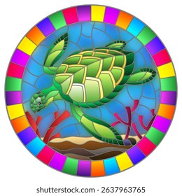 Illustration in stained glass style with sea turtle on the seabed background with algae, fish and stones, oval image in bright frame