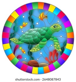 Ilustração em estilo de vidro manchado com tartaruga marinha no fundo do fundo do mar com algas, peixes e pedras, imagem oval em moldura brilhante