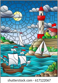 Illustration in stained glass style with sea view, three ships and a shore with a lighthouse in the background of day cloud sky sun and sea